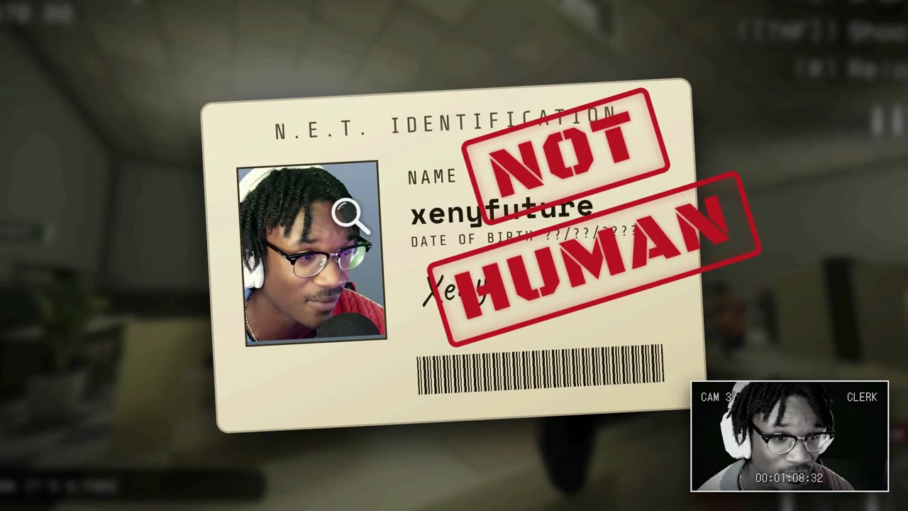 The Shift at Midnight intro, an ID card stamped NOT HUMAN